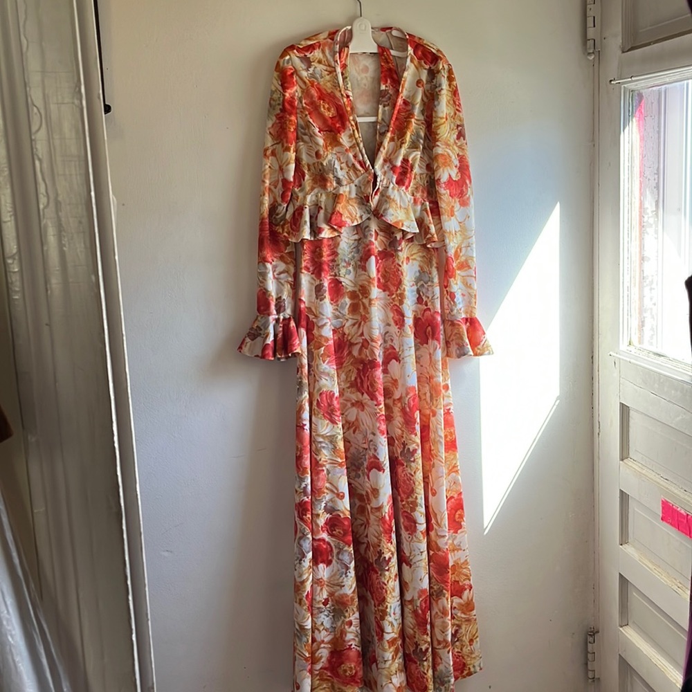 Vintage Custom-made 1960s/1970s? floral halter maxi dress with matching jacket.…